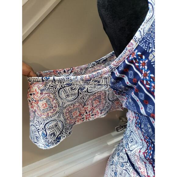 Maurices Dress Women Size X-L Blue Pink Boho Cold Shoulder Wrap Midi Belted - Picture 8 of 16